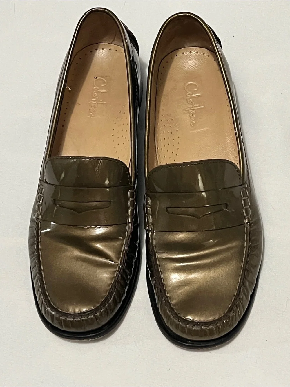 Cole Haan Olive Patent Leather Penny Loafers